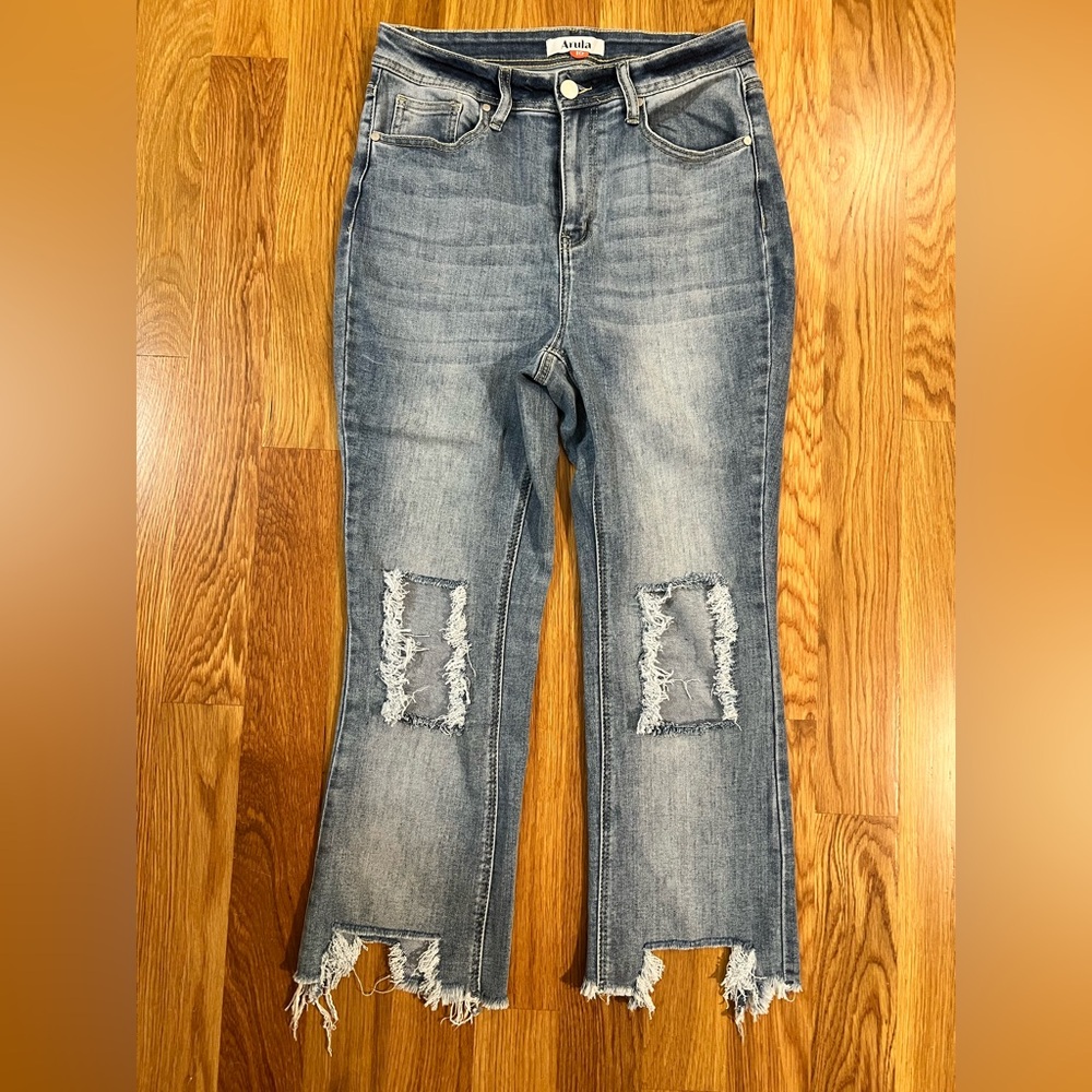 ARULA Blue Flare Wide Leg Jeans with Vintage-Inspired Distressing